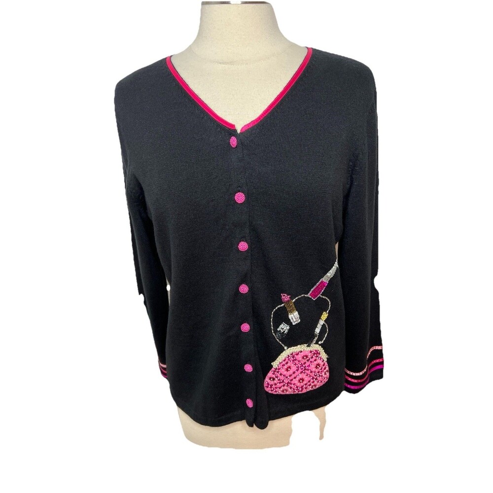 Vintage Michael Simon Cardigan Sweater Sequin Beaded Pink Purse Size M Black